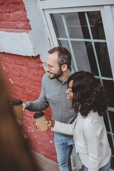 Multiethnic Casual Business Couple Talking Work Having Coffee — Free Stock Photo