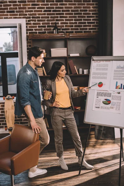 Focused Couple Colleagues Discussing Project Using Marketing Graph Loft Office — Stock Photo, Image