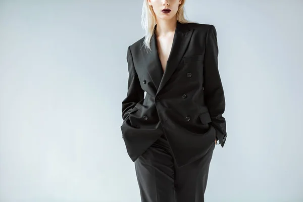 Cropped View Fashionable Girl Posing Black Suit Isolated Grey — Stock Photo, Image