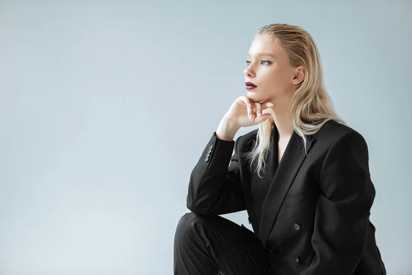 Attractive Stylish Girl Posing Black Suit Fashion Shoot Isolated Grey — Free Stock Photo