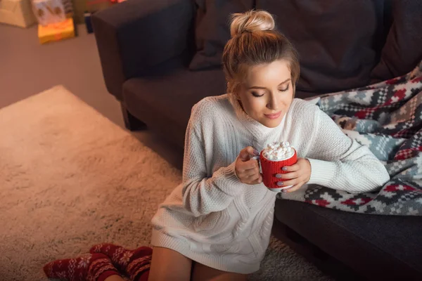 Beautiful Woman Sitting Christmas Patterned Socks Carpet Mug Cocoa — Stock Photo, Image