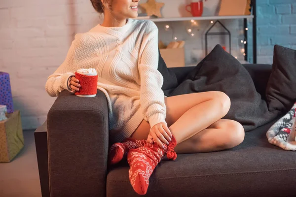 Partial View Smiling Young Blonde Woman Sitting Couch Holding Cup — Stock Photo, Image