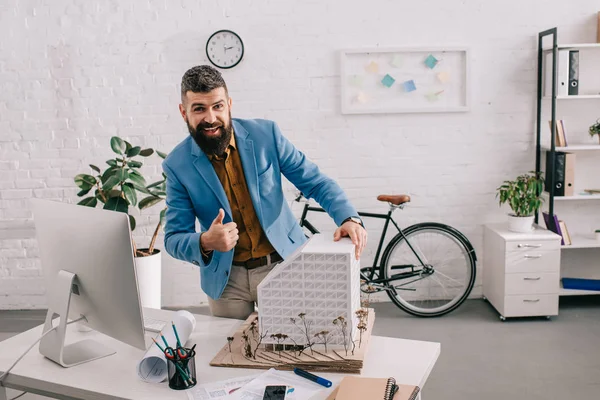 Busy Adult Male Architect Formal Wear Working Project Computer Desk — Stock Photo, Image