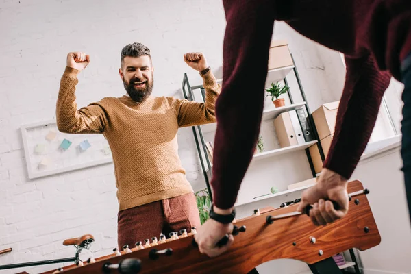 Adult Man Cheering Arms Air Playing Table Football Game Friend — Stock Photo, Image