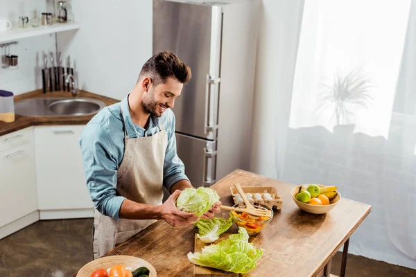 High Angle View Smiling Young Man Apron Holding Fresh Cabbage — Stock Photo, Image