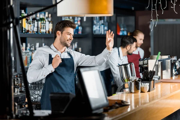 Smiling Handsome Barman Cloth Greeting Workplace — Stock Photo, Image