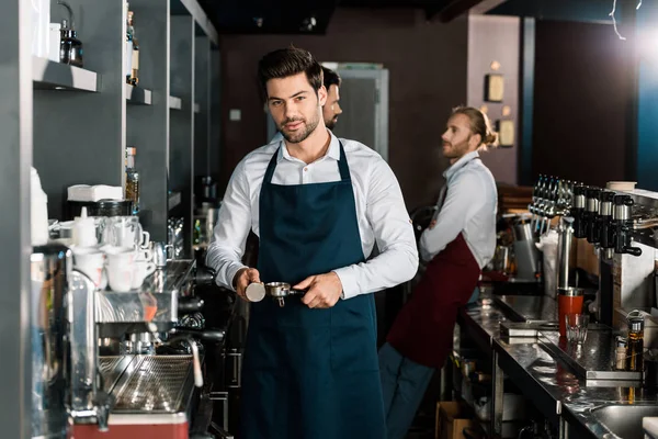 Handsome Barista Apron Making Coffee Workplace — Stock Photo, Image