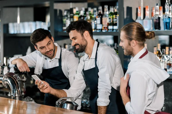 Handsome Adult Barmen Using Smartphone Workplace — Stock Photo, Image