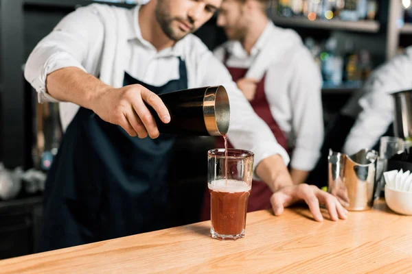 Adult Barman Apron Pouring Cocktail Glass Shaker — Stock Photo, Image