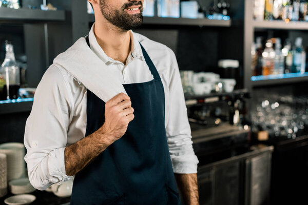 Barman standing in apron and smiling in bar