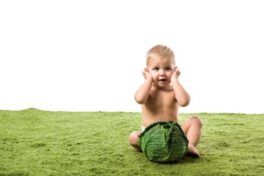 toddler boy with hands on head sitting on green carpet with cabbage isolated on white clipart