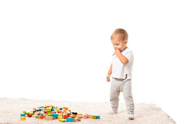 toddler boy standing and looking at multicolored wooden building blocks on carpet isolated on white