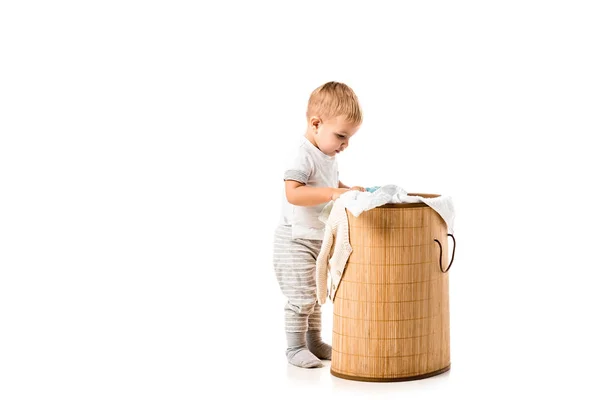 Toddler Boy Looking Wicker Laundry Basket Isolated White — Free Stock Photo