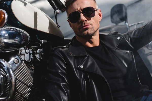 Handsome Classic Guy Sunglasses Sitting Motorcycle Garage — Stock Photo, Image