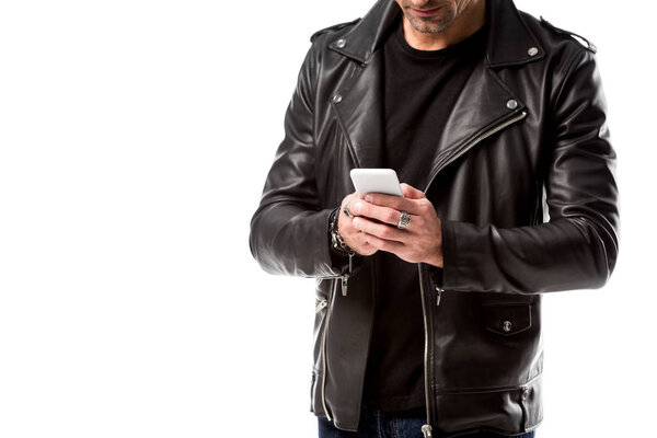 Cropped view of man using smartphone isolated on white