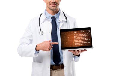 Doktor işaret parmağı laptop ekran üzerinde beyaz izole sağlık veri ile gülümseyen kırpılmış görünümü