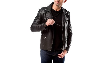 partial view of man in leather jacket holding sunglasses isolated on white clipart