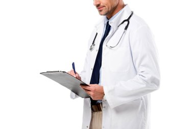 Doktorun tanı ve üzerinde beyaz izole kalem tutan kırpılmış görünümü
