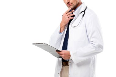 bir tanı tutarak ve üzerinde beyaz izole çene dokunmadan dalgın Doktor kırpılmış görünümü