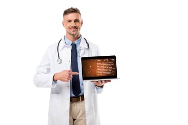 laptop ekran üzerinde beyaz izole sağlık veri ile gülümseyen Doktor işaret parmağı