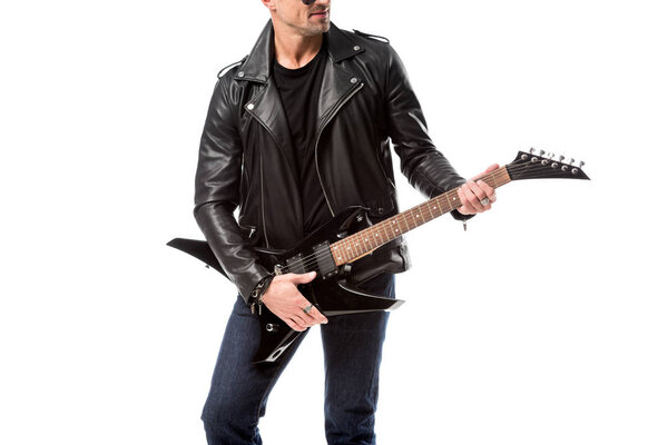 cropped view of adult man in leather jacket holding electric guitar isolated on white