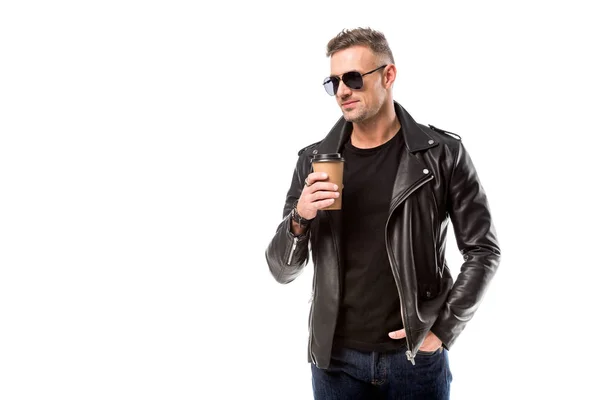 Stylish Adult Man Leather Jacket Drinking Coffee Isolated White — Stock Photo, Image