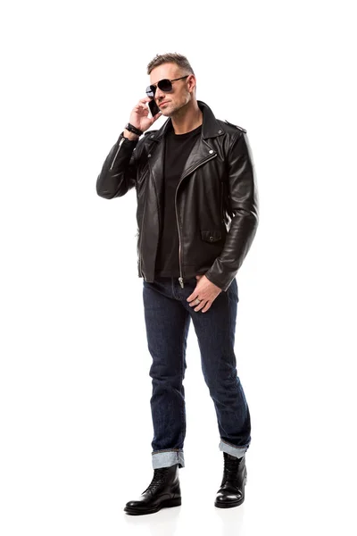 Serious Handsome Man Sunglasses Talking Smartphone Isolated White — Stock Photo, Image