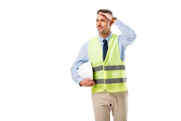 Handsome Engineer Safety Vest Holding Helmet Touching Forehead Isolated White — Free Stock Photo