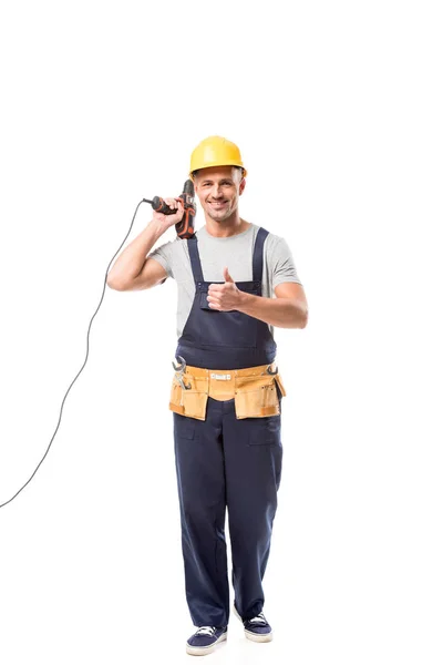 Trabalhador Construção Sorrindo Segurando Broca Fazendo Polegar Para Cima Isolado — Fotografia de Stock