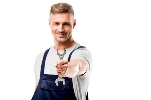 Selectieve Aandacht Van Moersleutel Hand Van Mechanic Wit Wordt Geïsoleerd — Stockfoto