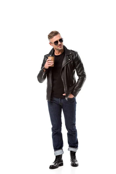 Stylish Adult Man Leather Jacket Hand Pocket Drinking Coffee Isolated — Stock Photo, Image