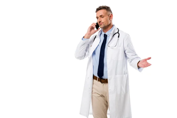 Handsome Doctor Talking Smartphone Isolated White — Free Stock Photo