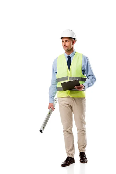 Handsome Engineer Holding Spirit Level Clipboard Looking Away Isolated White — Stock Photo, Image