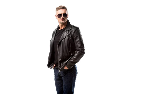 Stylish Adult Man Leather Jacket Posing Isolated White — Stock Photo, Image