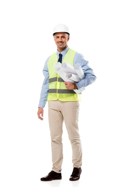 Handsome Engineer Looking Camera Holding Blueprints Isolated White — Stock Photo, Image