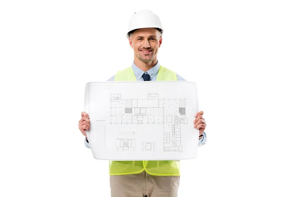 Ingeniero Sonriente Mirando Cámara Sosteniendo Plano Aislado Blanco — Foto de Stock