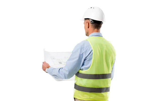 Back View Engineer Helmet Holding Blueprint Isolated White — Stock Photo, Image