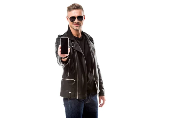 Stylish Adult Man Leather Jacket Presenting Smartphone Blank Screen Isolated — Stock Photo, Image