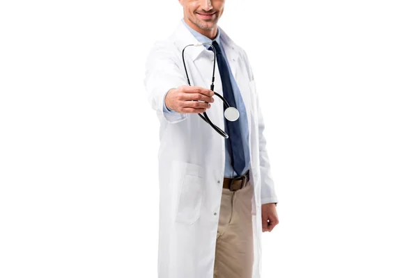 Beskuren Läkare Som Håller Stetoskop Isolerad Vitt — Gratis stockfoto