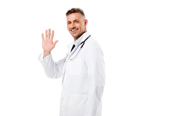 Handsome Doctor Waving Looking Camera Isolated White — Stock Photo, Image