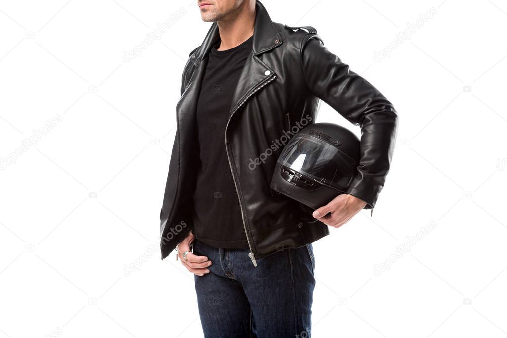 cropped view of man in leather jacket holding motorcycle helmet isolated on white