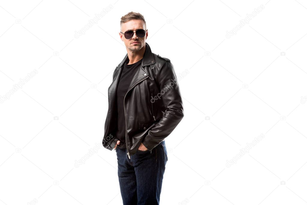 stylish adult man in leather jacket posing isolated on white