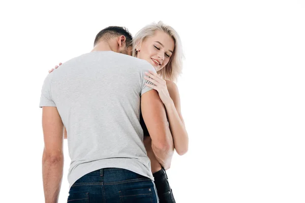 Sonriente Heterosexual Pareja Apasionadamente Abrazo Aislado Blanco — Foto de Stock