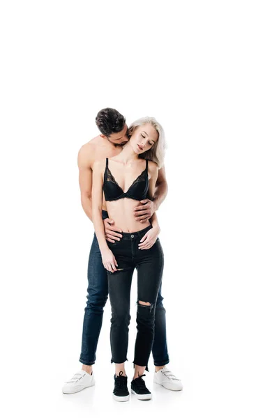 Uomo Appassionatamente Abbracciando Bella Donna Seducente Reggiseno Isolato Bianco — Foto Stock