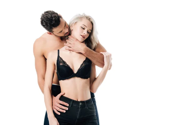 Bello Uomo Appassionatamente Abbracciando Donna Reggiseno Dietro Isolato Bianco — Foto Stock