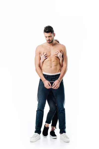 Woman Touching Handsome Shirtless Man Isolated White — Stock Photo, Image