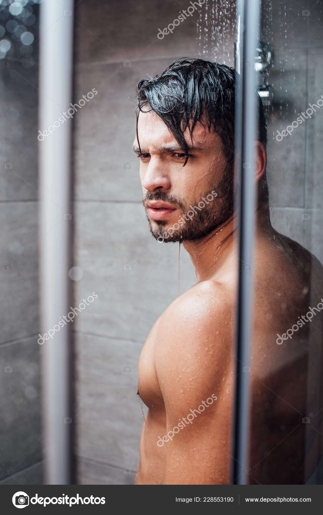Selective Focus Handsome Bearded Man Taking Shower Bathroom Stock Photo