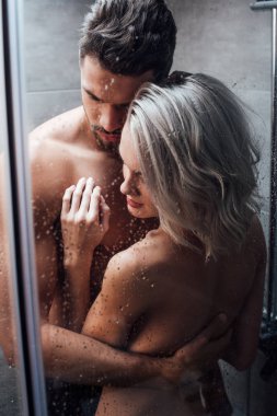beautiful naked couple embracing in passion and taking shower together clipart