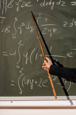 sınıfta matematik denklemleri açıklayan ahşap işaretçi ile görünümünü kadın öğretmen kırpılmış