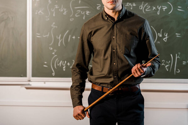 cropped view of male teacher in formal wear holding wooden pointer in front of chalkboard with equations 